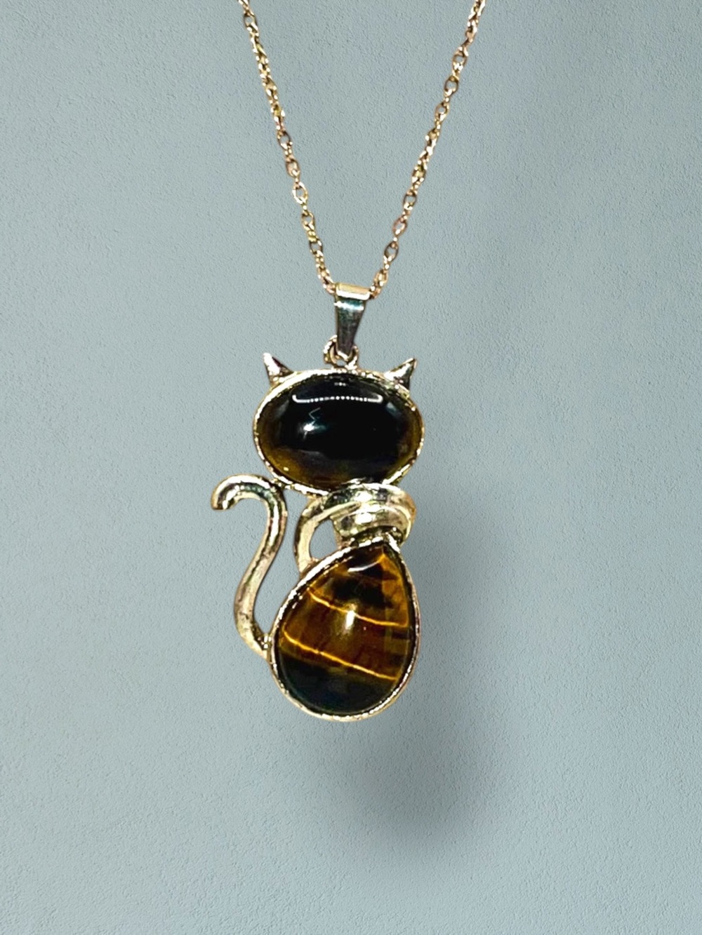 Cute Tiger Eye Natural Stone Cat Kitten Pendant Necklace Silver Tone - Picture 3 of 16
